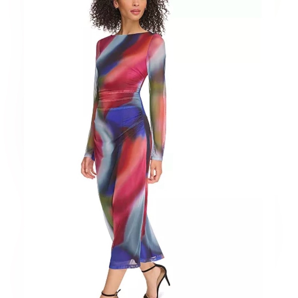 Vince Camuto Multicolor Long-Sleeve Satin Midi Dress